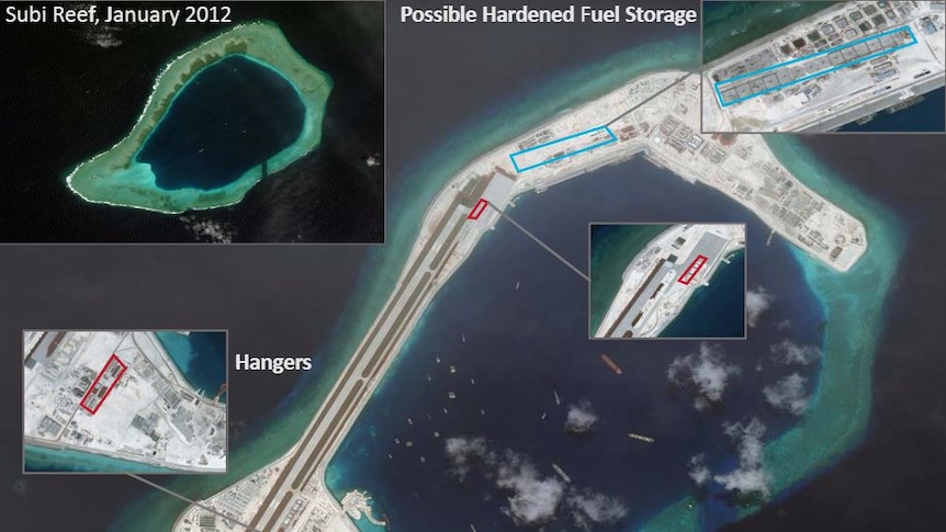 Satellite images show Chinese installations on Subi Reef in the South China Sea.