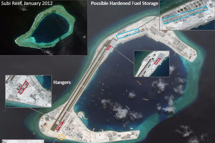 卫星图像显示中国在南海的苏比礁（Subi Reef）上建设的设施。