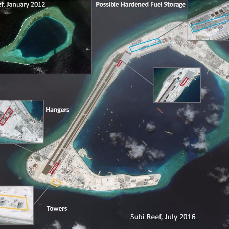 Satellite images show Chinese installations on Subi Reef in the South China Sea.