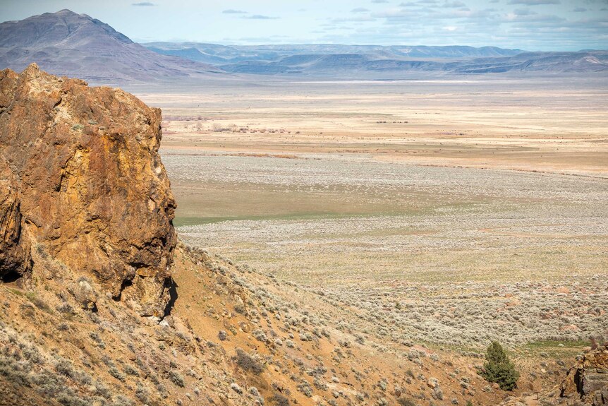 A mountain is seen in close proximity with the Alvord Desert spanning the horizon