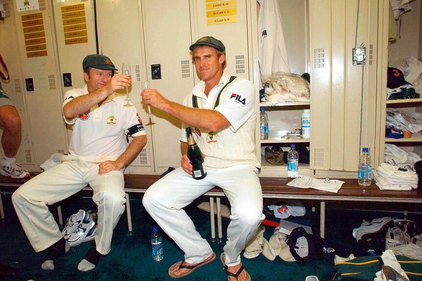 Matthew Hayden for Australia celebrates with skipper, Steve Waugh after his 380 against Zimbabwe.