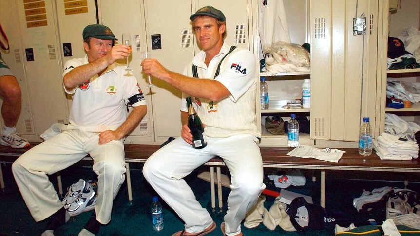 Matthew Hayden for Australia celebrates with skipper, Steve Waugh after his 380 against Zimbabwe.