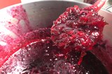 A closeup of rosella jam fresh from the kitchen