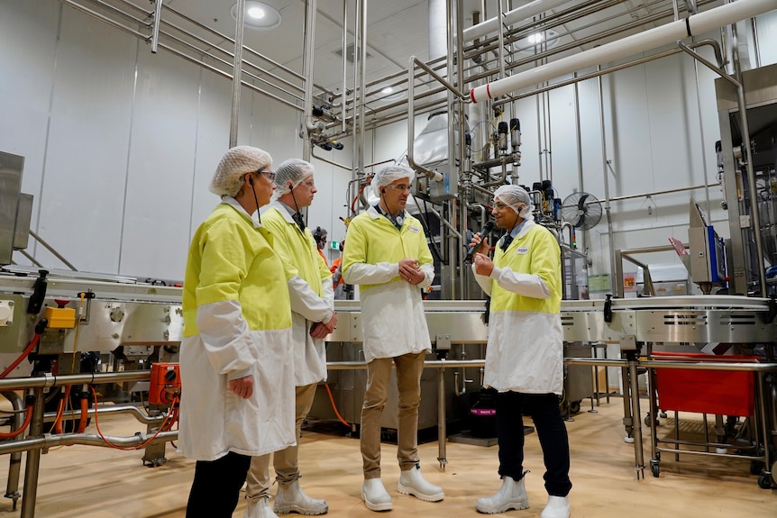 Four people standing centre frame with food processing machinery in the background