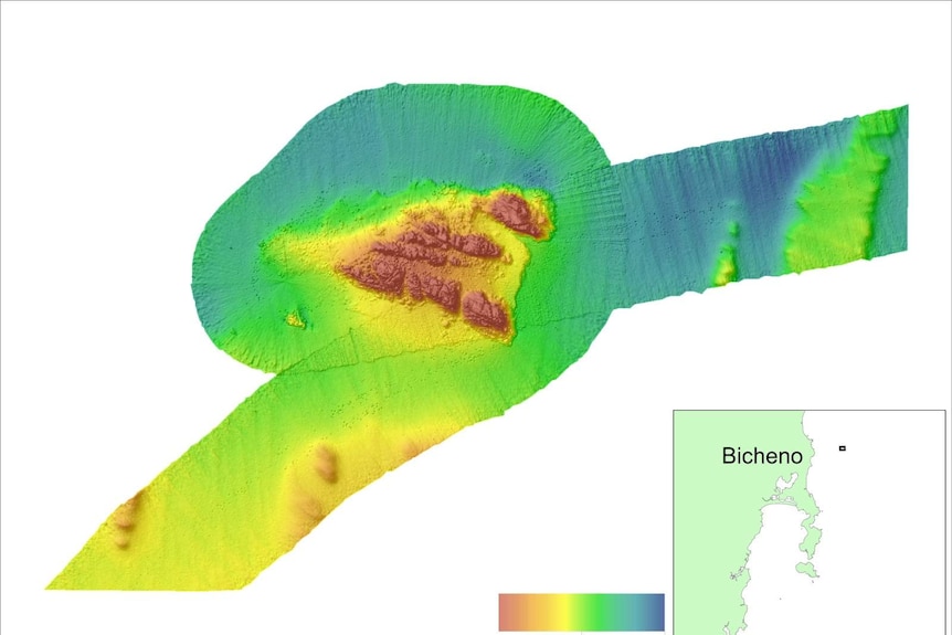 Map showing bathymetry of coral reef off Bicheno in Freycinet CMR