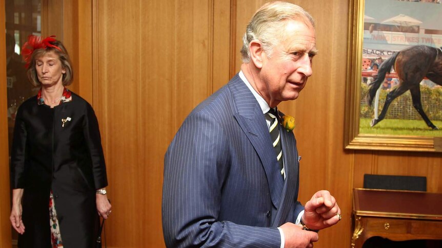 Prince Charles at Flemington racecourse on Melbourne Cup day