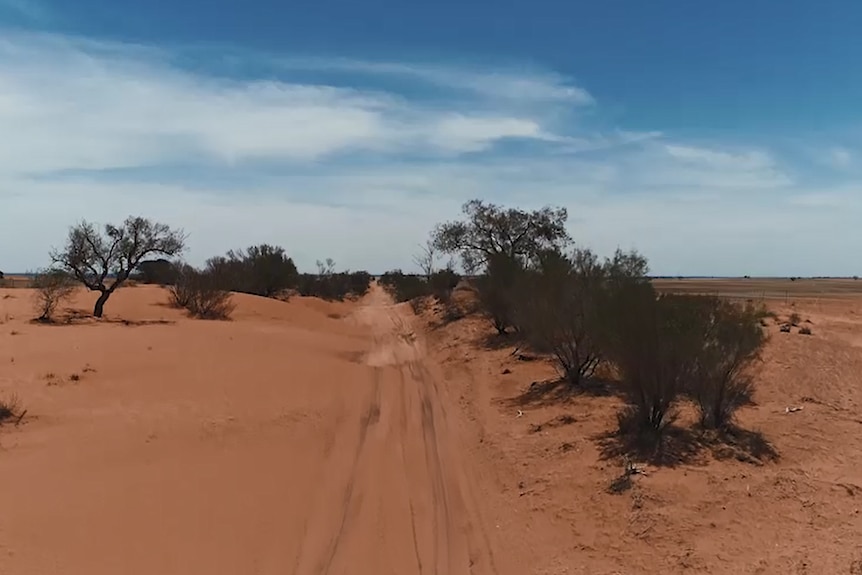 Drone vision of sand drift on a road in the Millewa.