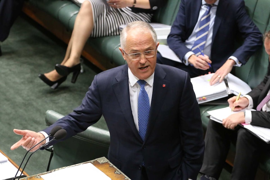 Malcolm Turnbull standing at the despatch box during question time