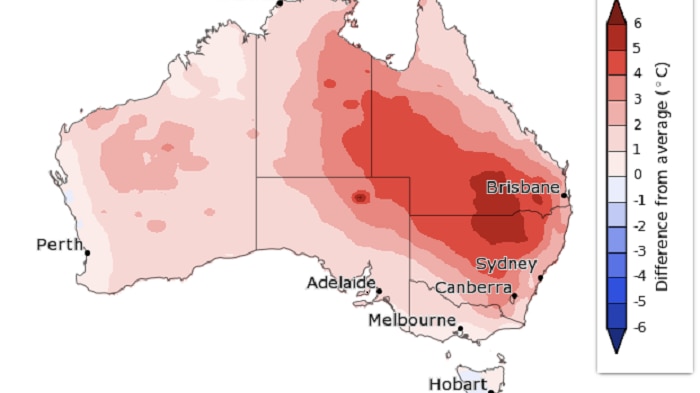Map of Australia with a big red patch over inland NSW and QLD indicating temperatures will be 3 to 5 C above average.