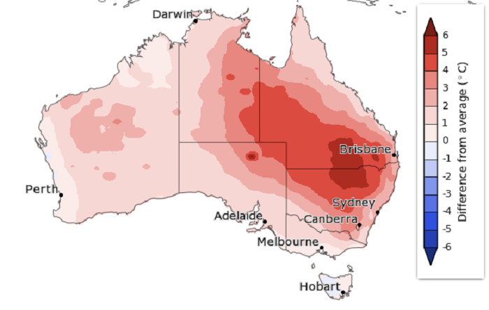 Map of Australia with a big red patch over inland NSW and QLD indicating temperatures will be 3 to 5 C above average.