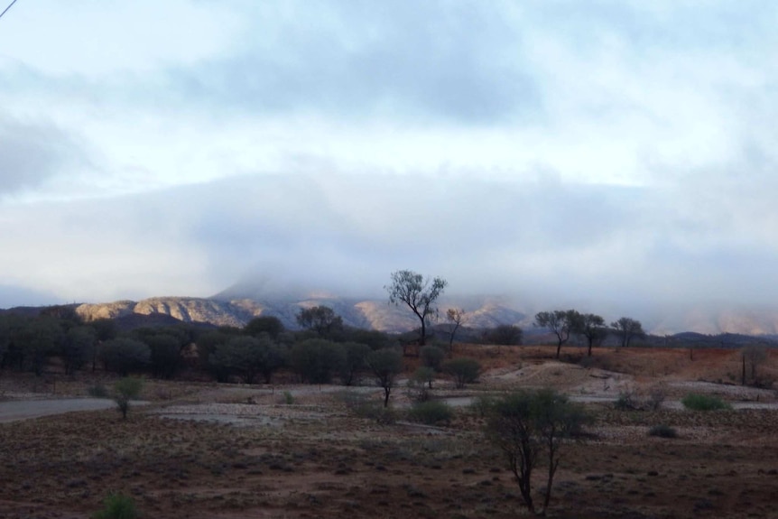 A desert farming landscape beneath a cloudy sky.