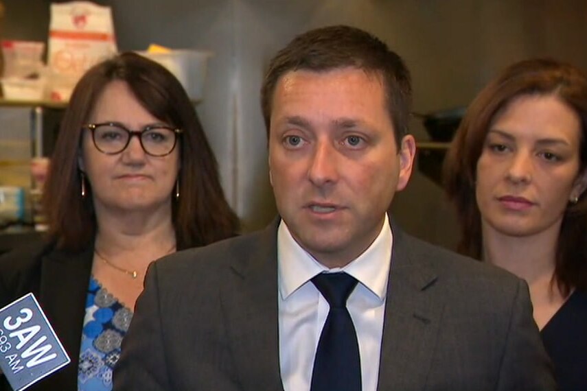 Dee Ryall (left) Matthew Guy, Liberal Leader (centre) and his wife Renata Guy at an election doorstop.