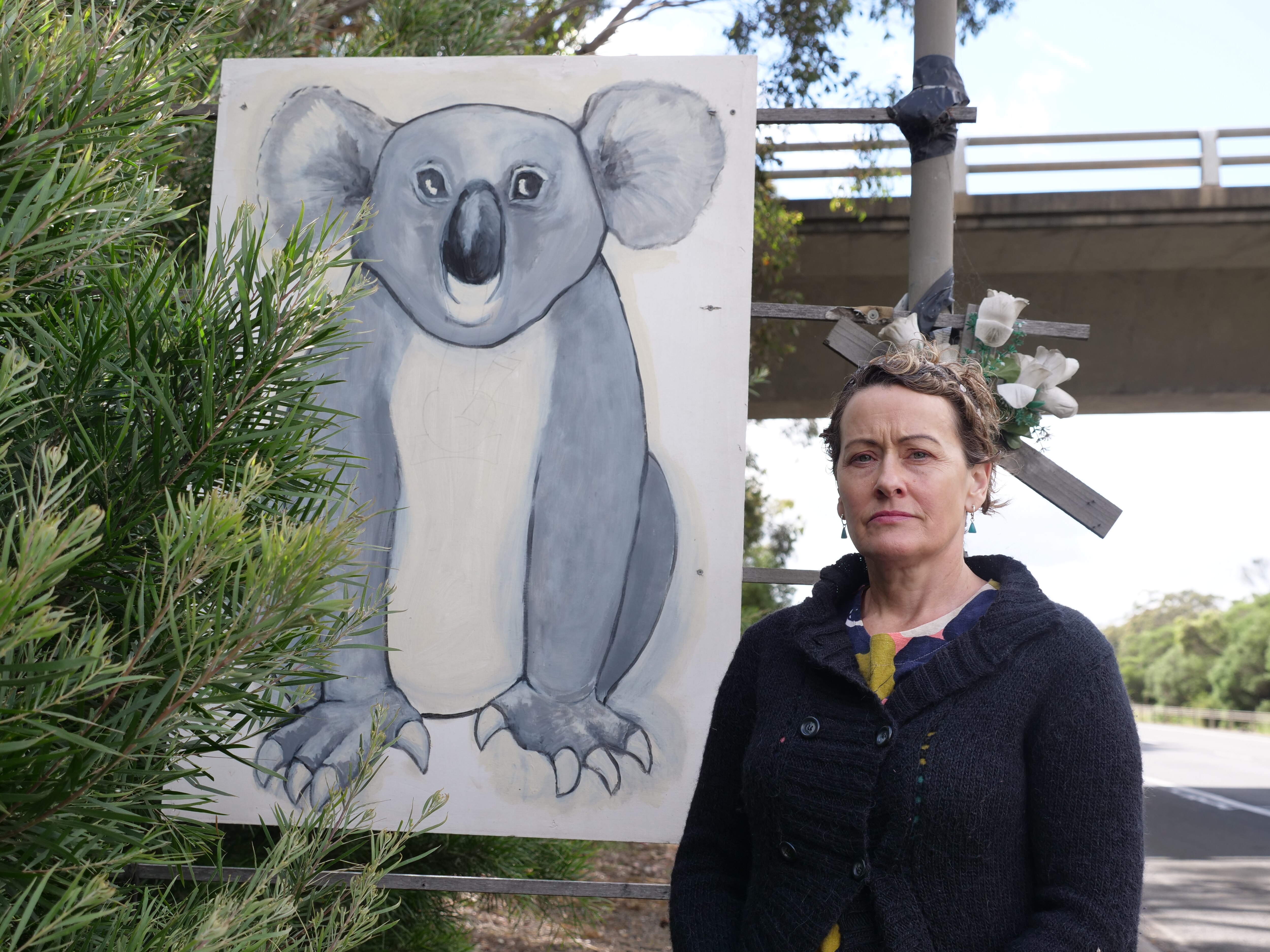 A woman stands next to a koala drawing installed beside a freeway.