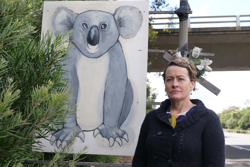 A woman stands next to a koala drawing installed beside a freeway.