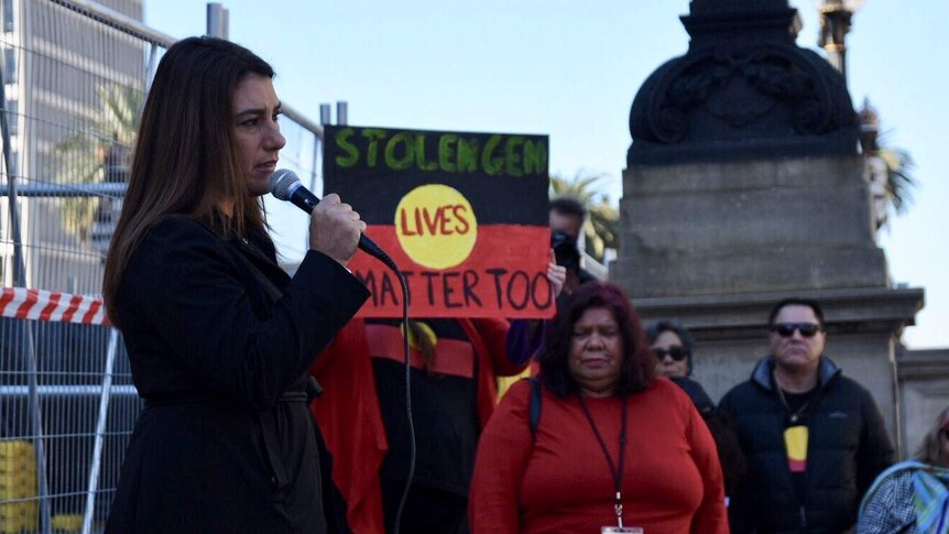 Greens MP for Northcote Lidia Thorpe addresses a rally for the Stolen Generations in front of Victoria's Parliament House.