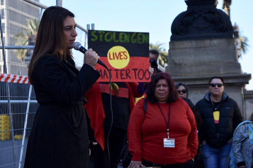 Greens MP for Northcote Lidia Thorpe addresses a rally for the Stolen Generations in front of Victoria's Parliament House.