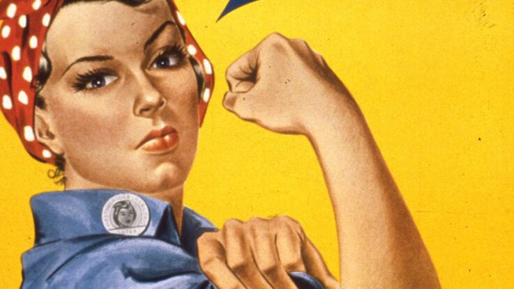 A vintage poster of a woman flexing her muscles.