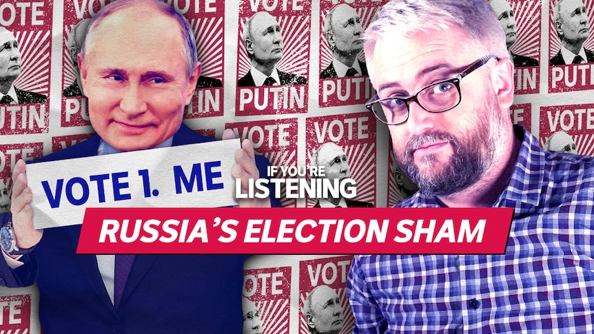 Graphic of Vladimir Putin holding a sign saying 'Vote 1. Me' and a man in glasses.The background is posters saying 'Vote Putin'