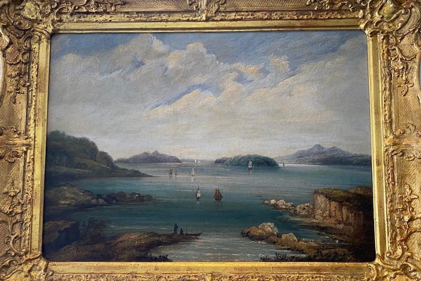 Old fashioned colour oil painting of coastal scene of rocky points, islands and sailing ships