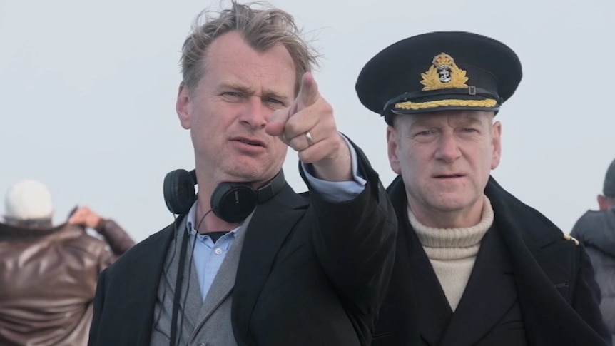 Director Christopher Nolan and actor Kenneth Branagh on the set of Dunkirk.