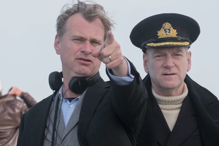 Director Christopher Nolan and actor Kenneth Branagh on the set of Dunkirk.