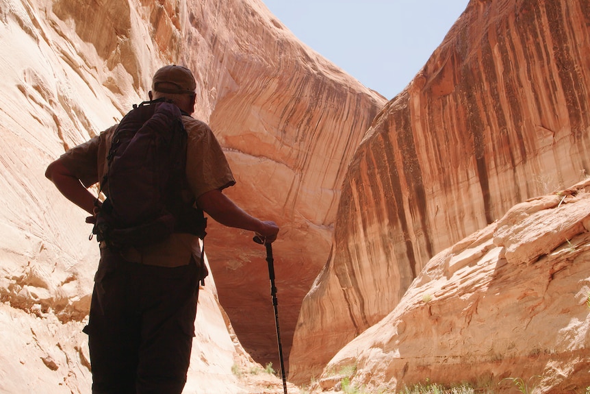 A man looks at a giant rock formation.