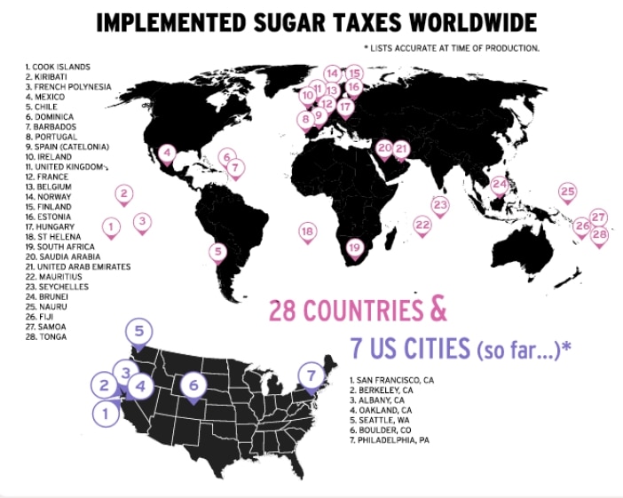 A world map that marks 28 countries around the world that have implemented a sugar tax.