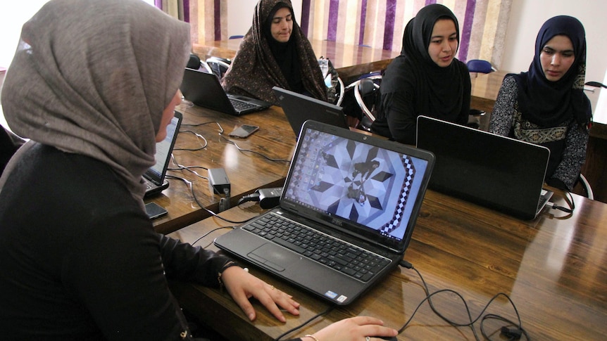 Women wearing hearscarves sit on laptops