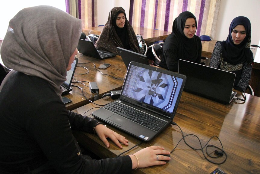 Women wearing hearscarves sit on laptops