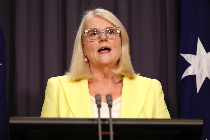 Karen Andrews speaks at a lecturn in a blue room with australian flags