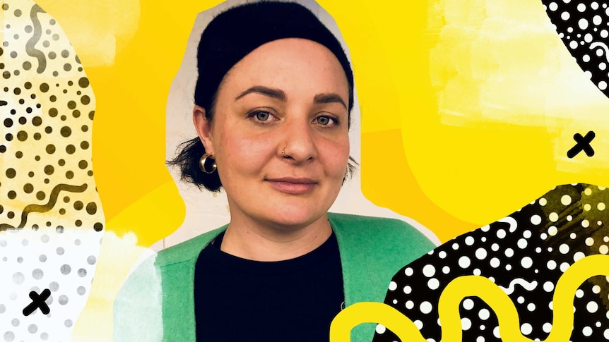 A young woman wearing a beanie, hoop earrings and a green cardigan surrounded by digital artwork in yellow, black and white.