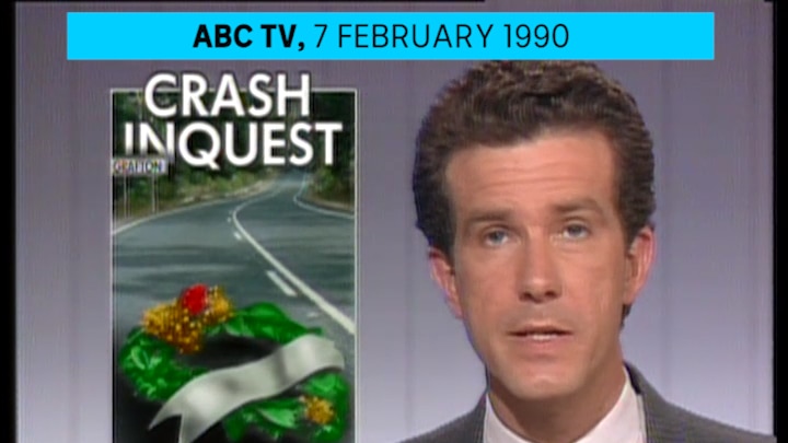 Television news anchor Richard Morecroft with a sign behind him with text crash inquest.