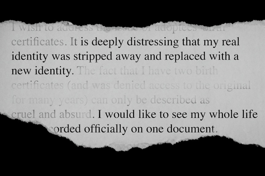 Text on a piece of paper describing the distress of having a person's real identity stripped away.