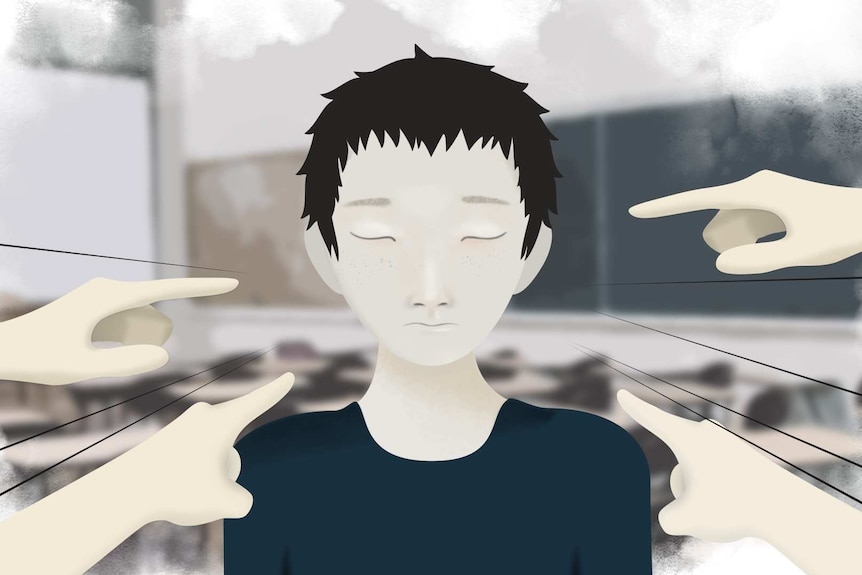 An animated photo of a boy with black hair, visibly upset and four fingers being pointed at him from different directions.