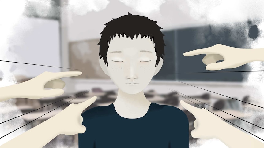 An animated photo of a boy with black hair, visibly upset and four fingers being pointed at him from different directions.