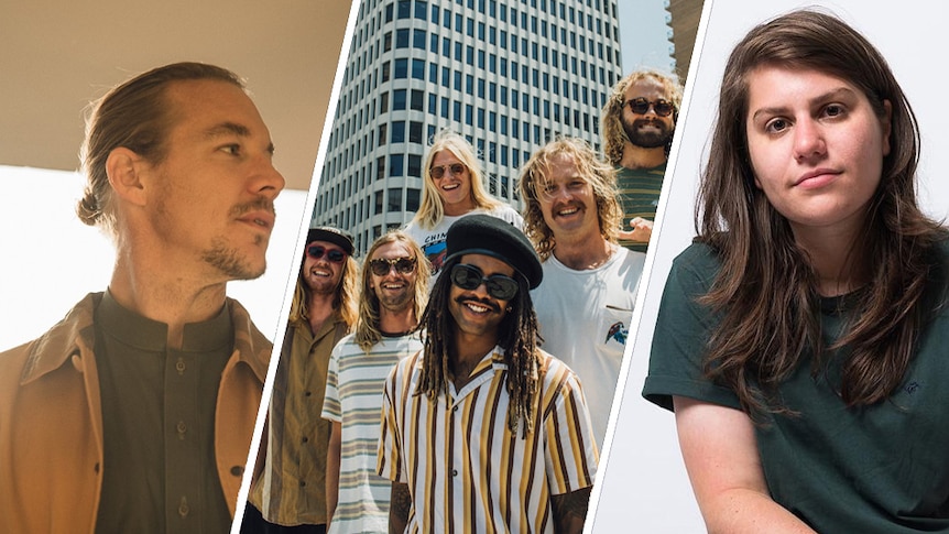 A collage of Best New Music artists Diplo, Ocean Alley, and Alex Lahey