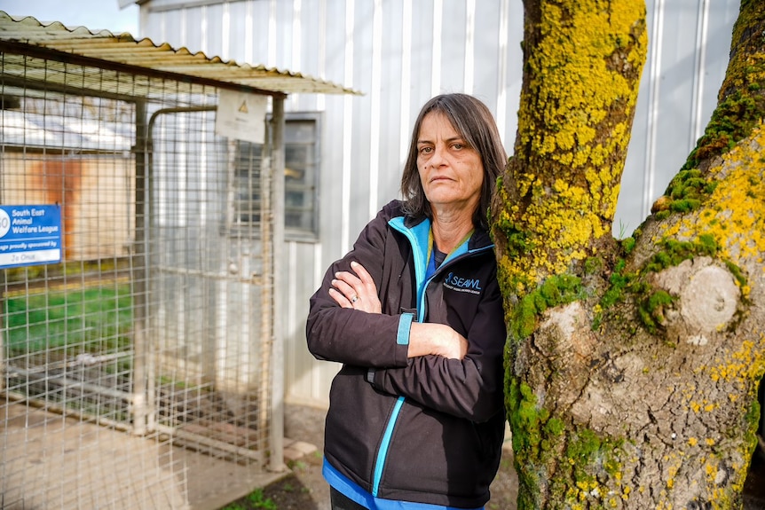 Woman leaning on a tree with arms folded and serious look on face.  Dog kennel (animal welfare) in the background.