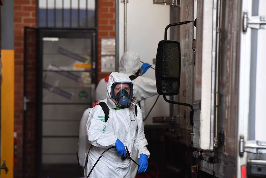 a woman dressed in a full suit of cleaning gear