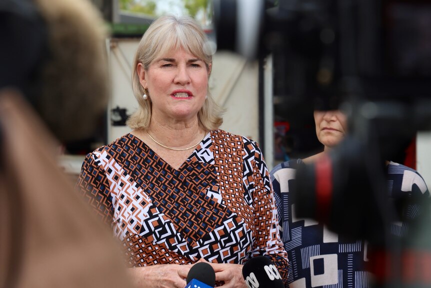Eva Lawler wears a brown dress and looks at a camera at a press conference. 