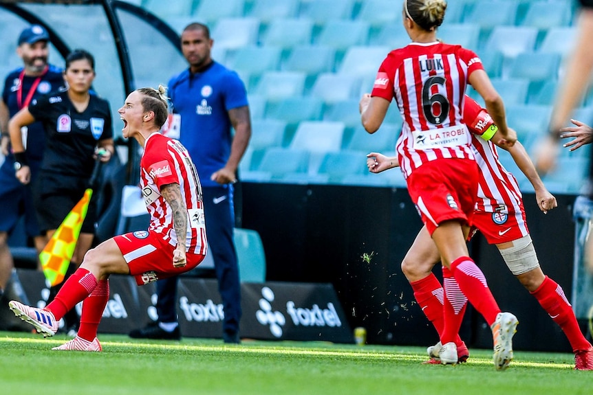Jessica Fishlock screams out after scoring a goal for Melbourne City in the W-League grand final.