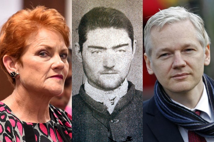 A composite image of Pauline Hanson, Ned Kelly and Julian Assange.