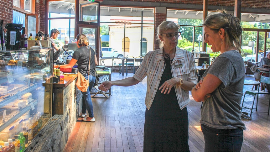 Women discussing energy efficiency in a cafe