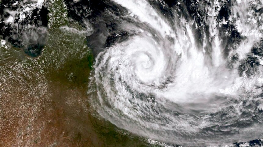 Satellite map shows massive Cyclone Debbie off the Australian coast.