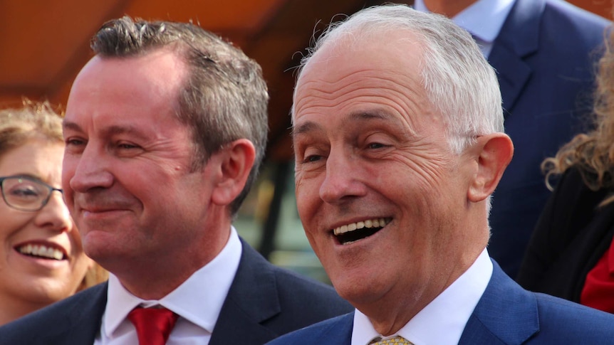 Prime Minister Malcolm Turnbull and WA Premier Mark McGowan looking jovial in headshots.