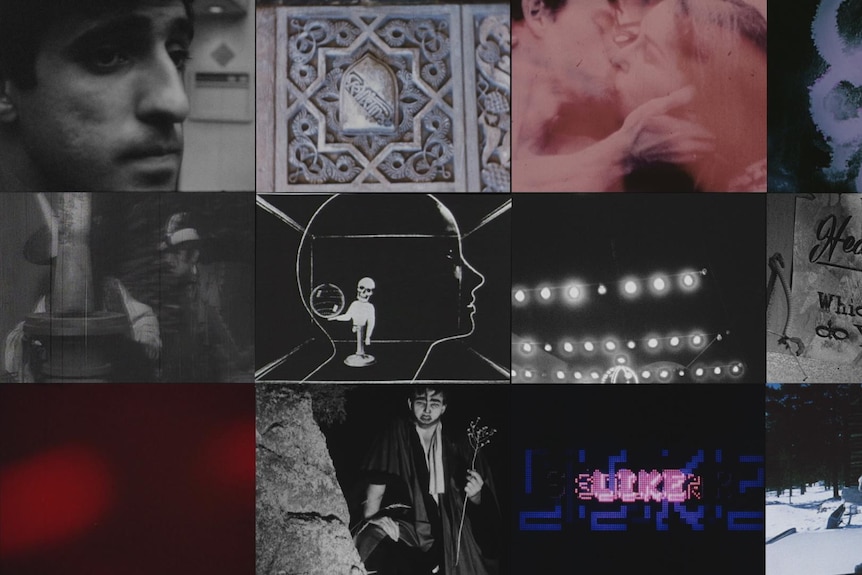 12 archival split-screen frames, including a couple kissing, and a note that reads "Heaven or hell. Which road do you take?" 