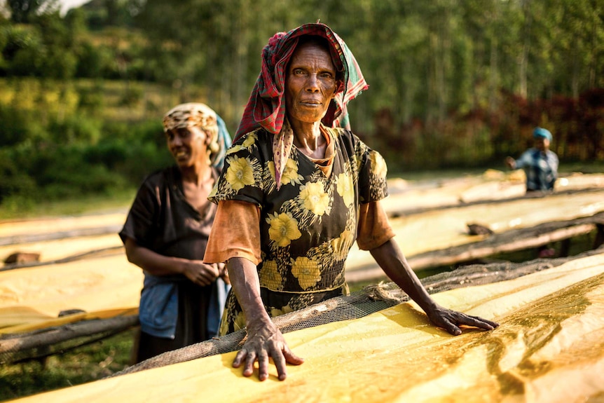 A older woman standing beside a platform on a farm.