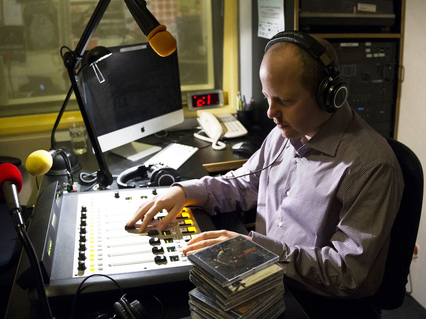 Schizophrenia sufferer Richard Schweizer in his studio at Eastside radio.