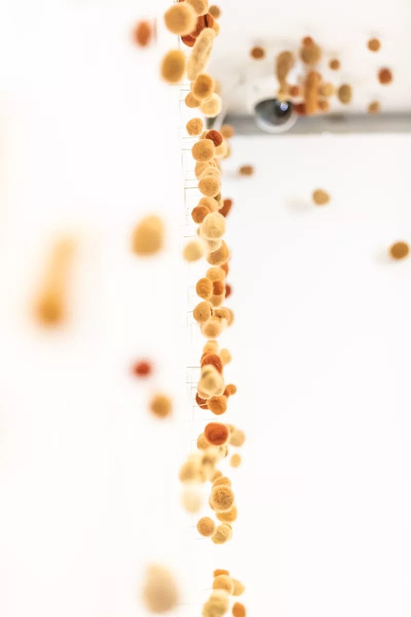 Uma obra de arte têxtil com pequenas bolas de lã laranja e amarelas penduradas na parede de uma galeria.