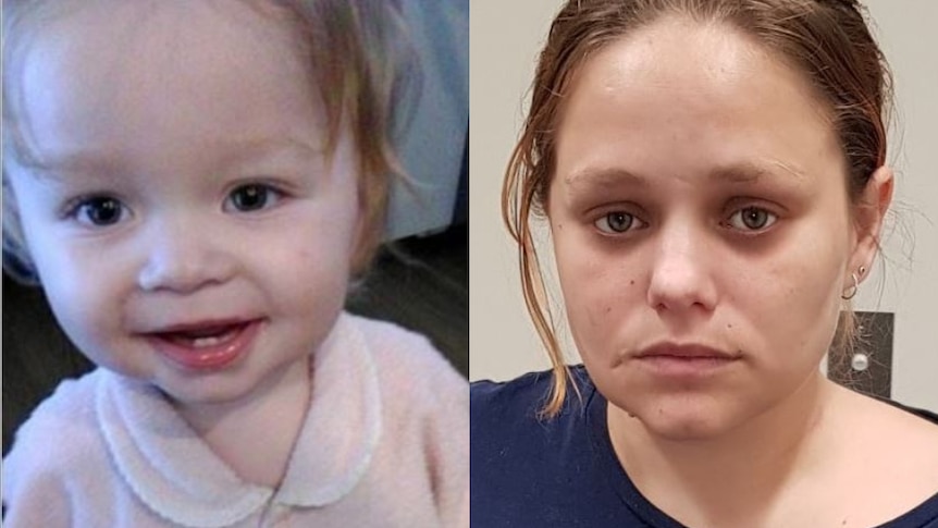 A composite image of a toddler and an older woman.