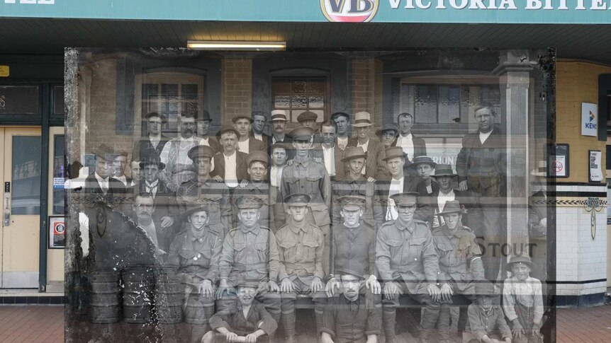 Group image of men, some in military uniforms, pictured outside a hotel in 1916, over an image from the same location.